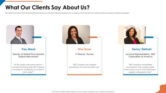 Acquisition Firm Business Outline What Our Clients Say About Us Graphics PDF