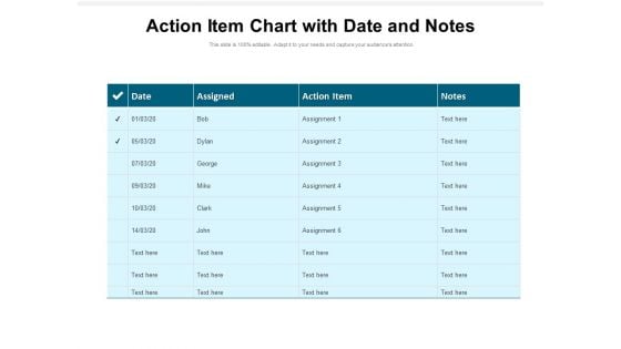 Action Item Chart With Date And Notes Ppt PowerPoint Presentation Ideas Microsoft PDF