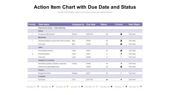 Action Item Chart With Due Date And Status Ppt PowerPoint Presentation Ideas Format Ideas PDF