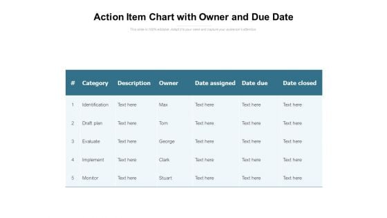 Action Item Chart With Owner And Due Date Ppt PowerPoint Presentation Ideas Slide Portrait PDF