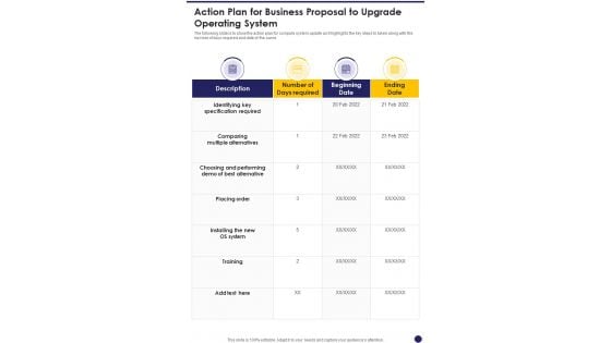 Action Plan For Business Proposal To Upgrade Operating System One Pager Sample Example Document Action Plan For Business Proposal To Upgrade Operating System One Pager Sample Example Document