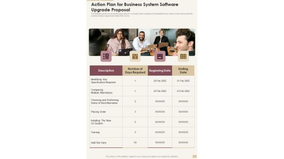 Action Plan For Business System Software Upgrade Proposal One Pager Sample Example Document Action Plan For Business System Software Upgrade Proposal One Pager Sample Example Document