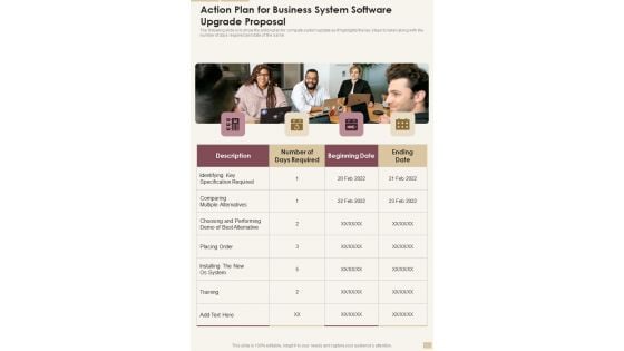 Action Plan For Business System Software Upgrade Proposal One Pager Sample Example Document