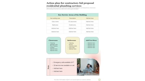 Action Plan For Contractors Bid Proposal Residential Plumbing Services One Pager Sample Example Document