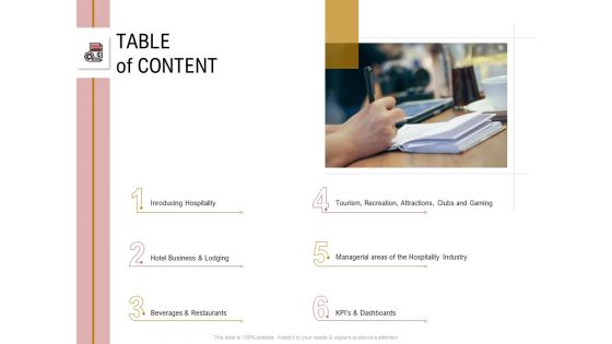 Action Plan Or Hospitality Industry Table Of Content Topics PDF