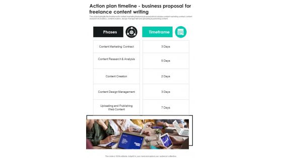 Action Plan Timeline Business Proposal For Freelance Content Writing One Pager Sample Example Document