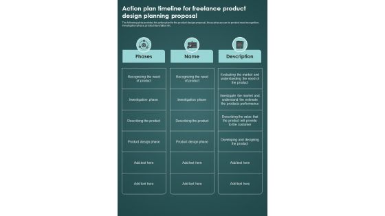 Action Plan Timeline For Freelance Product Design Planning Proposal One Pager Sample Example Document