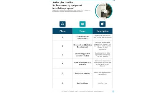 Action Plan Timeline For Home Security Equipment Installation One Pager Sample Example Document