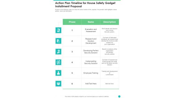 Action Plan Timeline For House Safety Gadget Installment Proposal One Pager Sample Example Document