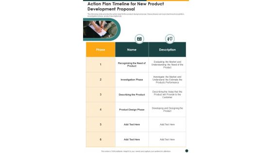 Action Plan Timeline For New Product Development Proposal One Pager Sample Example Document