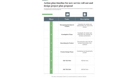 Action Plan Timeline For New Service Roll Out And Design Project Plan Proposal One Pager Sample Example Document