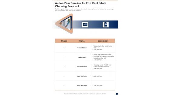 Action Plan Timeline For Post Real Estate Cleaning Proposal One Pager Sample Example Document Action Plan Timeline For Post Real Estate Cleaning Proposal One Pager Sample Example Document
