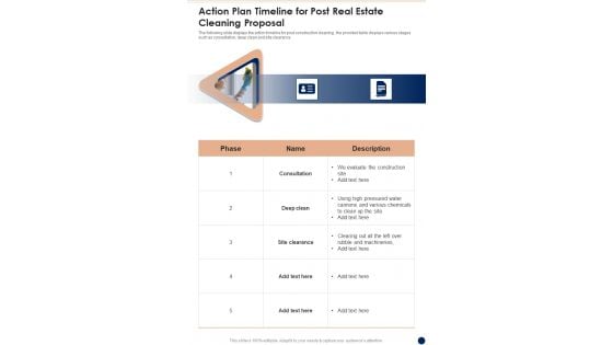 Action Plan Timeline For Post Real Estate Cleaning Proposal One Pager Sample Example Document