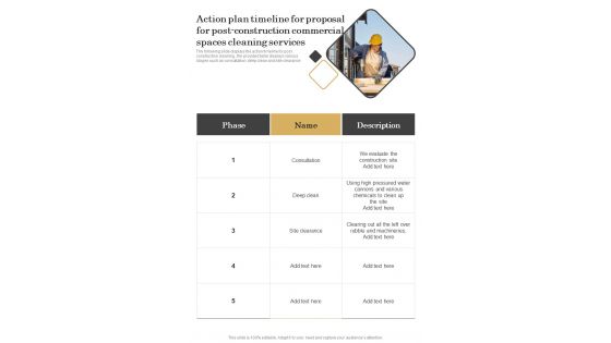 Action Plan Timeline For Proposal For Post Construction Commercial Spaces Cleaning Services One Pager Sample Example Document Action Plan Timeline For Proposal For Post Construction Commercial Spaces Cleaning Services One Pager Sample Example Document