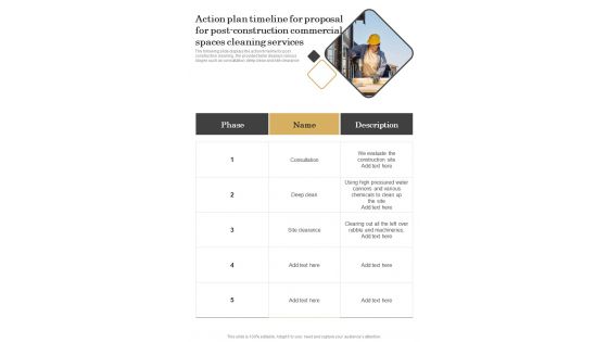 Action Plan Timeline For Proposal For Post Construction Commercial Spaces Cleaning Services One Pager Sample Example Document