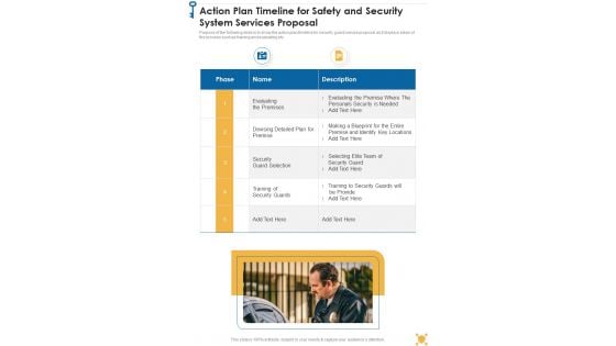 Action Plan Timeline For Safety And Security System Services Proposal One Pager Sample Example Document