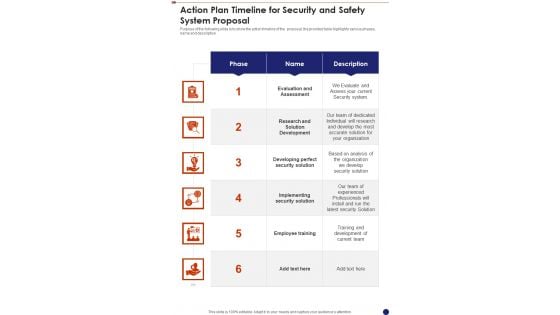 Action Plan Timeline For Security And Safety System Proposal One Pager Sample Example Document