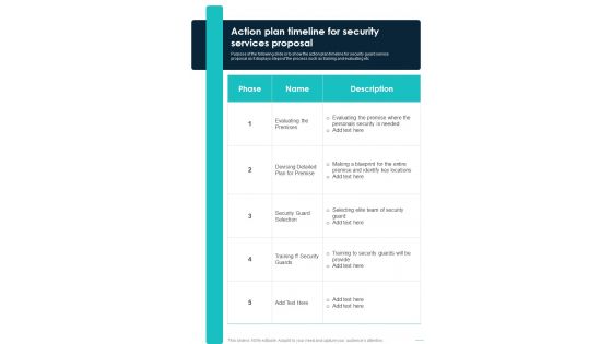 Action Plan Timeline For Security Services Proposal One Pager Sample Example Document