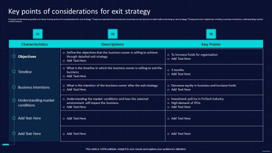 Action Plan To Implement Exit Strategy For Investors Key Points Of Considerations For Exit Strategy Background PDF