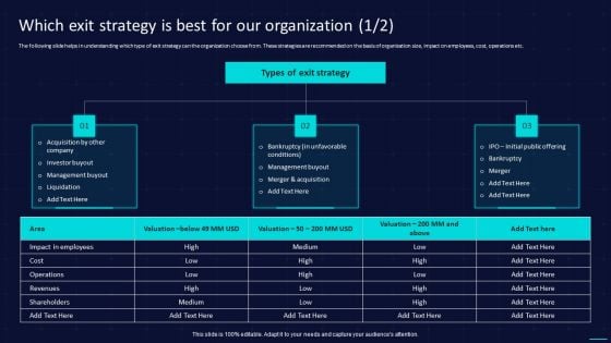 Action Plan To Implement Exit Strategy For Investors Which Exit Strategy Is Best For Our Organization Designs PDF