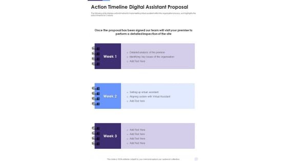 Action Timeline Digital Assistant Proposal One Pager Sample Example Document