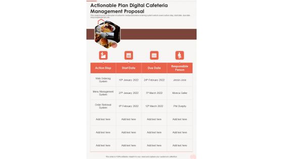 Actionable Plan Digital Cafeteria Management Proposal One Pager Sample Example Document