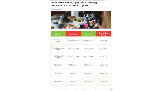 Actionable Plan Of Digital Food Ordering Administration Software Proposal One Pager Sample Example Document