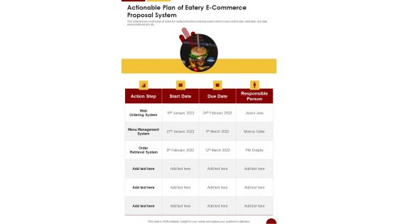 Actionable Plan Of Eatery E Commerce Proposal System One Pager Sample Example Document