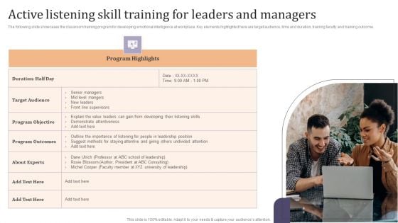 Active Listening Skill Training For Leaders And Managers Ppt Infographic Template Graphics Pictures PDF