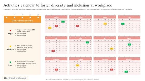 Activities Calendar To Foster Diversity And Inclusion At Workplace Graphics PDF