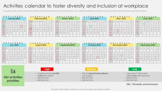 Activities Calendar To Foster Diversity And Inclusion At Workplace Infographics PDF