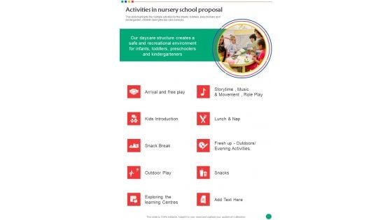 Activities In Nursery School Proposal One Pager Sample Example Document