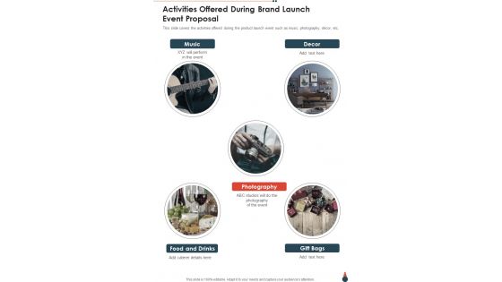 Activities Offered During Brand Launch Event Proposal One Pager Sample Example Document