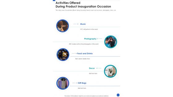 Activities Offered During Product Inauguration Occasion One Pager Sample Example Document