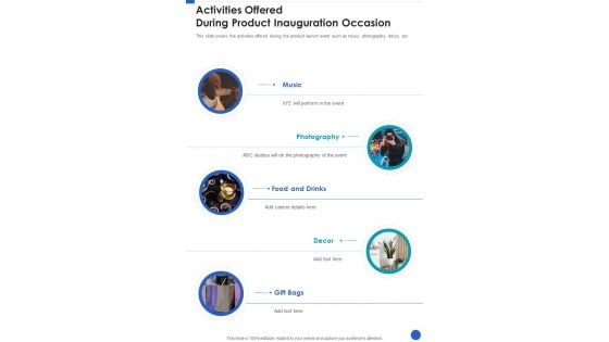 Activities Offered During Product Inauguration Occasion One Pager Sample Example Document Activities Offered During Product Inauguration Occasion One Pager Sample Example Document