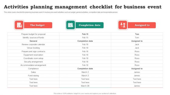 Activities Planning Management Checklist For Business Event Ideas PDF