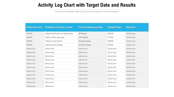 Activity Log Chart With Target Date And Results Ppt PowerPoint Presentation Infographics Ideas PDF