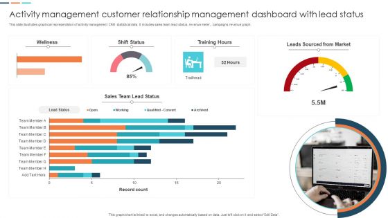 Activity Management Customer Relationship Management Dashboard With Lead Status Portrait PDF