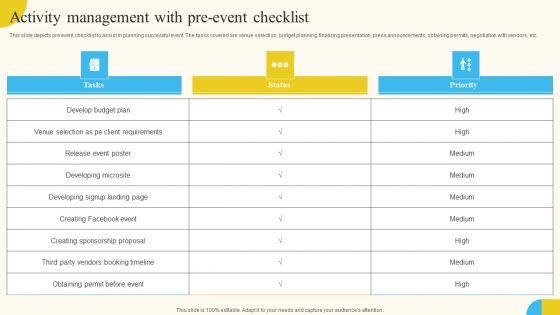 Activity Management With Pre Event Checklist Activities For Successful Launch Event Formats PDF
