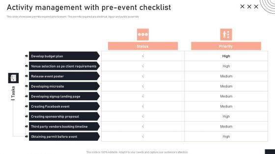 Activity Management With Pre Event Checklist Stakeholder Engagement Plan For Launch Event Summary PDF