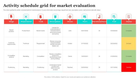 Activity Schedule Grid For Market Evaluation Slides PDF