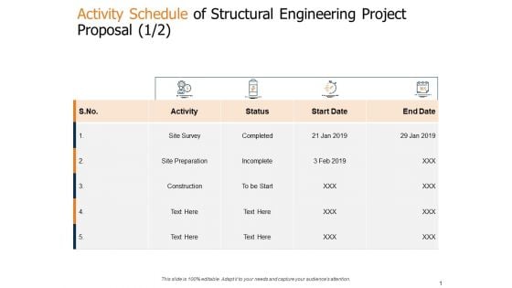 Activity Schedule Of Structural Engineering Project Proposal Status Ppt Icon Vector PDF