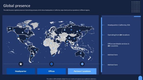 Ad And Media Agency Company Profile Global Presence Icons PDF