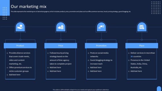 Ad And Media Agency Company Profile Our Marketing Mix Background PDF