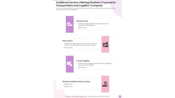 Additional Service Business Proposal For Transportation And Logistics One Pager Sample Example Document Additional Service Business Proposal For Transportation And Logistics One Pager Sample Example Document