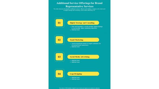 Additional Service Offerings For Brand Representative Services One Pager Sample Example Document Additional Service Offerings For Brand Representative Services One Pager Sample Example Document