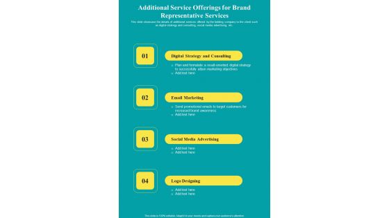 Additional Service Offerings For Brand Representative Services One Pager Sample Example Document