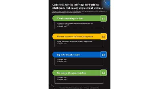 Additional Service Offerings For Business Intelligence Technology Deployment Services One Pager Sample Example Document Additional Service Offerings For Business Intelligence Technology Deployment Services One Pager Sample Example Document