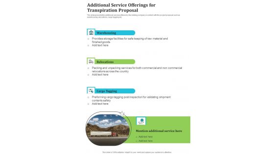 Additional Service Offerings For Transpiration Proposal One Pager Sample Example Document