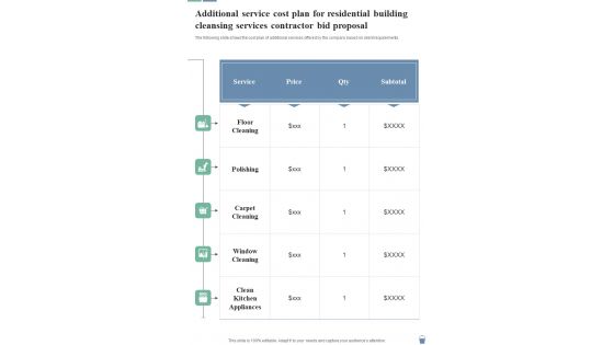 Additional Service Residential Building Cleansing Services Contractor Bid Proposal One Pager Sample Example Document